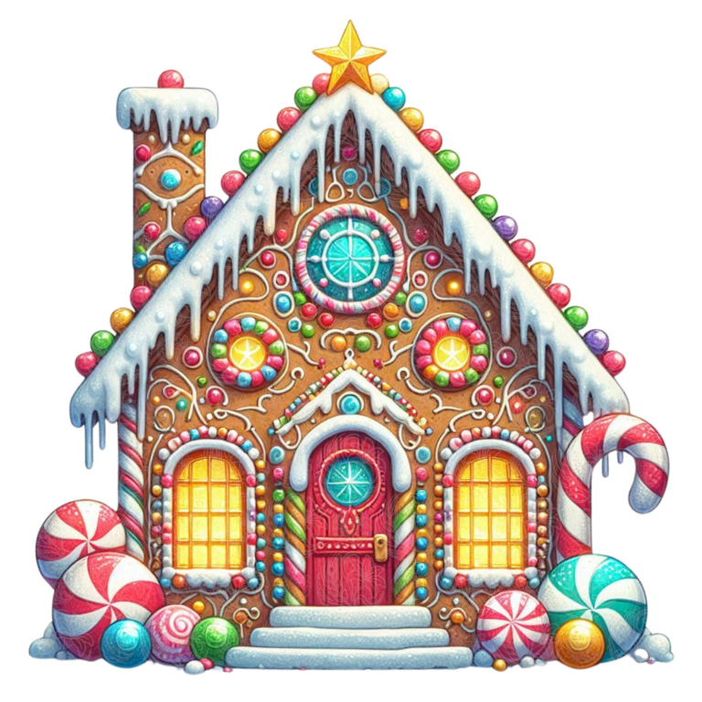 Gingerbread house decorated with colourful candies, icing, and a gold star topper, Grey Barn Handwerk, Saskatchewan.